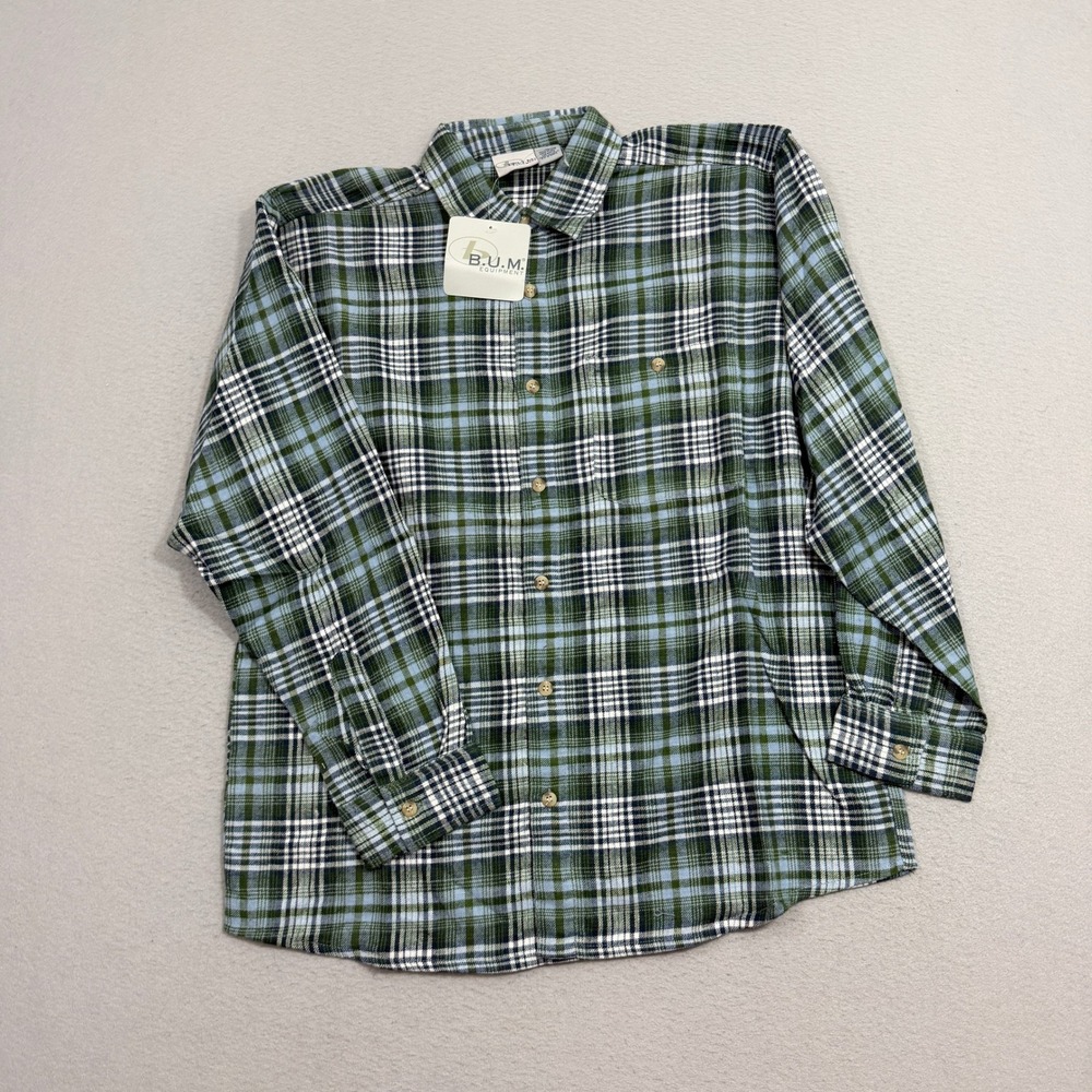 Vintage B.U.M. Equipment Shirt XL Green Plaid Flannel Long Sleeve Button 90s NEW